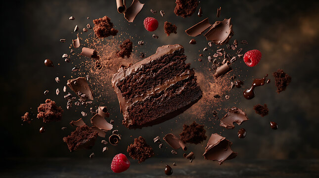 Chocolate cake slice with flying raspberries and cocoa shavings