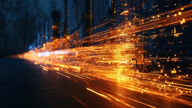 Fiery digital data stream in urban environment