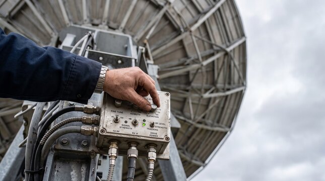 Photorealistic rendering of a hand tuning a weathered satellite dish control panel, ideal for broadcast and communication concepts