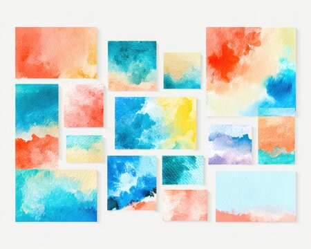 Assorted abstract watercolor paintings in vibrant blue orange and yellow hues