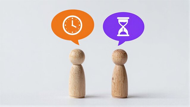 Two wooden figures discuss time, one with a clock icon and another with an hourglass.