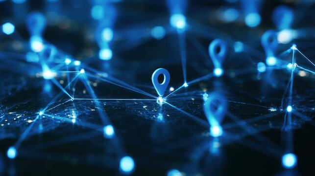 Connected blue location pins on digital network background