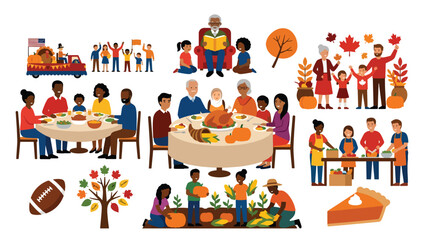 Fototapeta premium Thanksgiving Day Collection Featuring Diverse Families Harvest Autumn Food and Holiday Activities