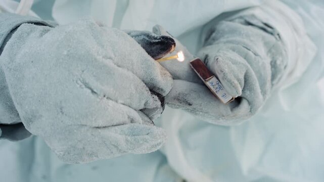 Gloved hands lighting match on frozen suit, field researcher carefully strikes match inside protective clothing, frost crusted gloves and matchbox, tension and urgency of nuclear fallout survival