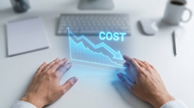 Holographic cost reduction chart over desk, human hand interacting with digital financial analysis, declining expense trend, economic savings strategy, corporate data showing efficiency.