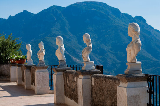 Terrace of Infinity, a beautiful belvedere with marble busts inside the iconic Villa Cimbrone, historic villa in Ravello, on the Amalfi Coast