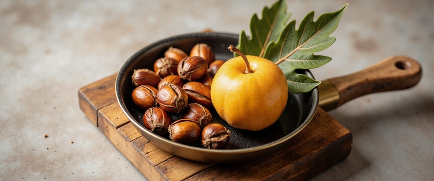 Retro scale with hazelnuts and plum flat lay for food blogs, baking websites, clip art, stationery, vintage kitchen education, and autumn harvest presentations