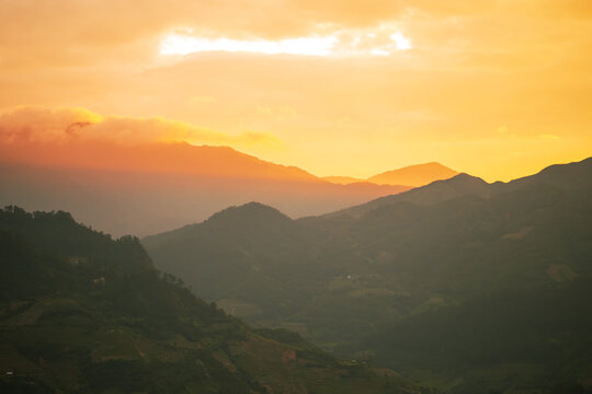 Beautiful sunset in the mountains. The Mu Cang Chai rice terraces  in Vietnam.