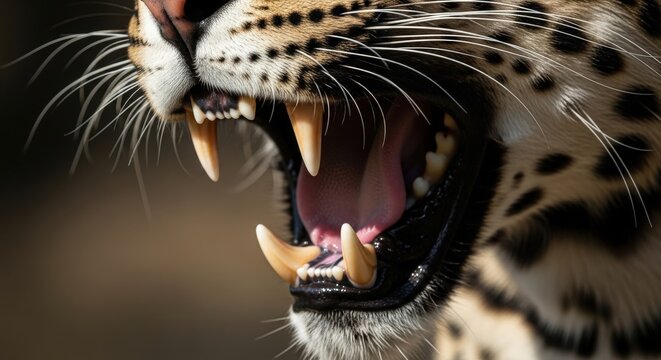 Close up photo of a roaring leopard mouth showing sharp canine teeth and whiskers with spotted fur pattern and open jaw in a dramatic wildlife portrait with detailed facial features and intense predat