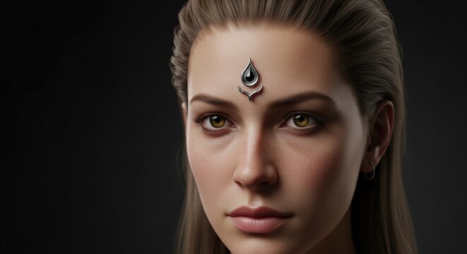 High Resolution 3D Rendered Female Portrait With Realistic Skin Texture, Amber Eyes, And Intricate Forehead Jewelry Set Against A Dark Background For Digital Art And Concept Design Projects