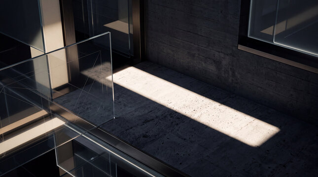 Modern architectural interior with dark concrete texture, transparent glass panels, and diagonal sunlight beam shadow 