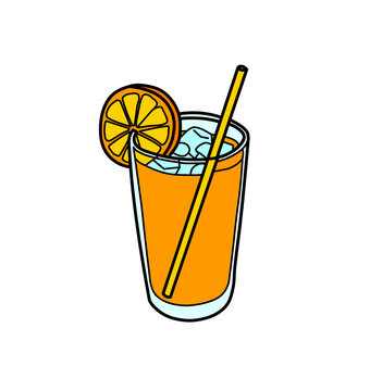 Glass of iced orange juice drink with straw and orange slice hand drawn vector illustration clip art isolated on white background