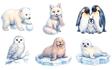 Obraz premium Watercolor arctic animals set on transparent background polar bear fox