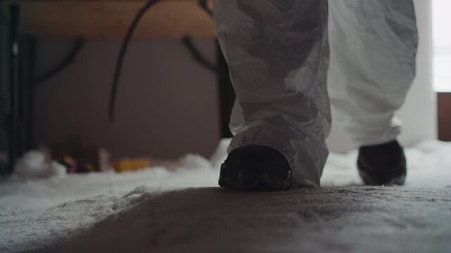 Black investigator in white coveralls stepping through frost, boots leaving deep prints on icy floor, dim workshop interior with scattered tools, cautious measured pace during evidence search,