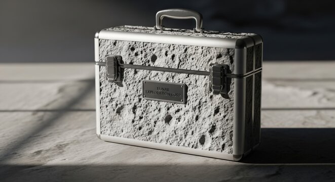 Lunar Exploration Corp Moon Surface Texture Aluminum Briefcase with Metal Latches and Handle, Futuristic Space Travel Gear for Moon Landing Mission Storage and Display