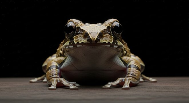 Macro Photography of a Beautiful Tree Frog with Striking Eyes on a Dark Wooden Surface, Capturing Intricate Skin Patterns and Natural Wildlife Details in a Professional Studio Setting