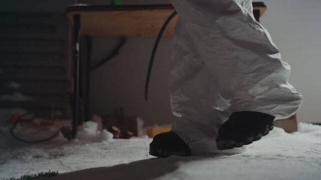 Industrial setting with worker examining samples amidst scattered equipment. Cold underground environment with technician in protective gear collecting samples near icy debris and equipment