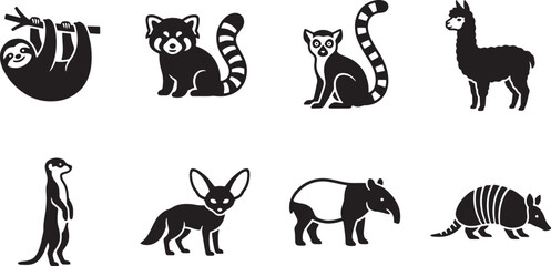 Fototapeta premium Exotic wild animals silhouette set featuring sloth red panda lemur llama meerkat and armadillo.