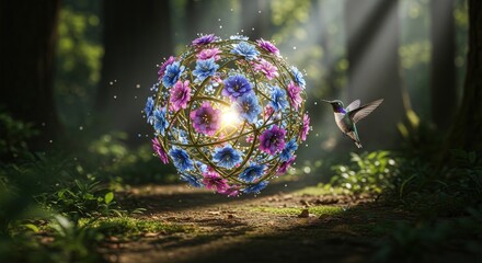 Obraz premium A luminous floral sphere hovers in a sunlit forest with a hummingbird in flight, creating a magical and surreal digital art scene that blends nature with fantasy elements in a serene woodland setting.