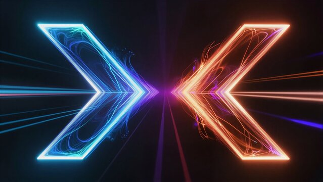 Neon arrows glow blue and orange, converging in cosmic light against dark void.