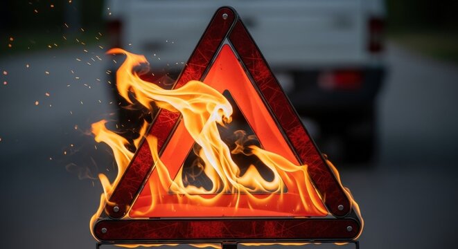 Flaming Red Reflective Traffic Warning Triangle Sign On Road With Fire Flames And Sparks During Emergency Vehicle Breakdown Accident Hazard Safety Caution Sign In The Nighttime Urban Street Environmen