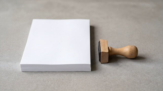 Invoice stack beside rubber stamp tool, small business tax filing documentation concept