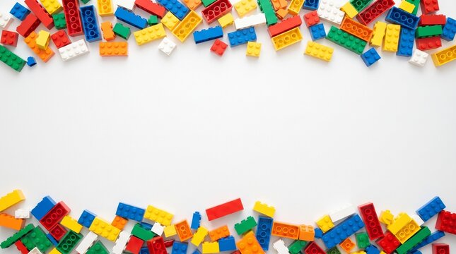 Colorful plastic building blocks scattered on a white background