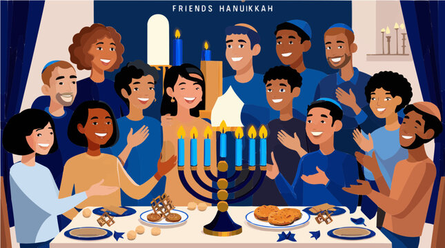 Happy friends celebrating hanukkah vektor with a glowing menorah