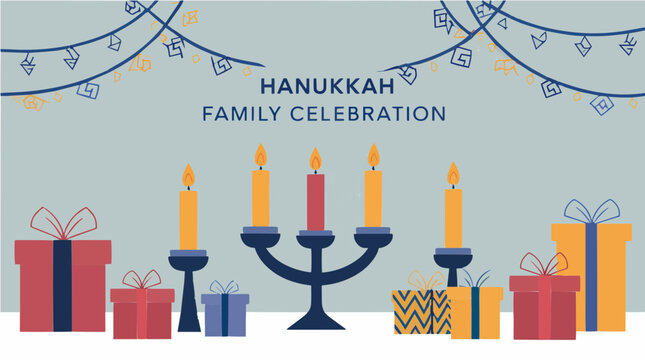 Hanukkah family celebration banner vektor with menorah and gifts