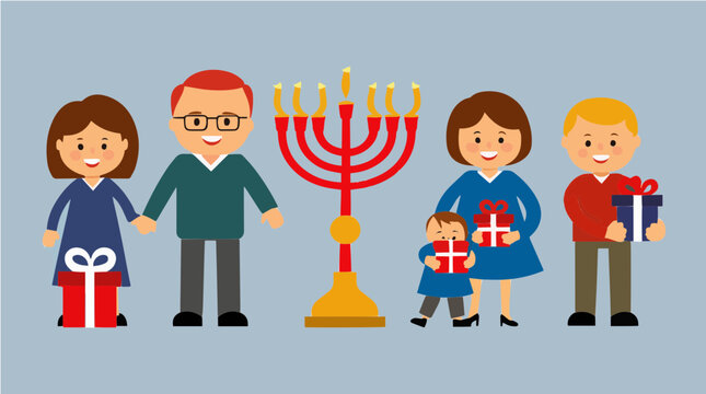 Hanukkah vektor happy family celebrating holiday with menorah and gifts