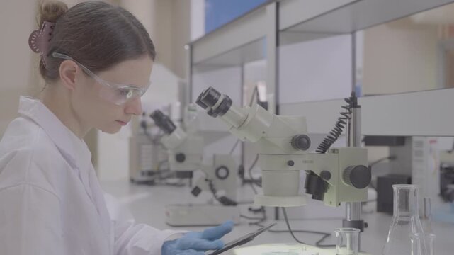 Science, microscope and study with of a woman in a laboratory for research and innovation. Medical, pharmaceutical sample and a young scientist in a lab for development, discovery or breakthrough
