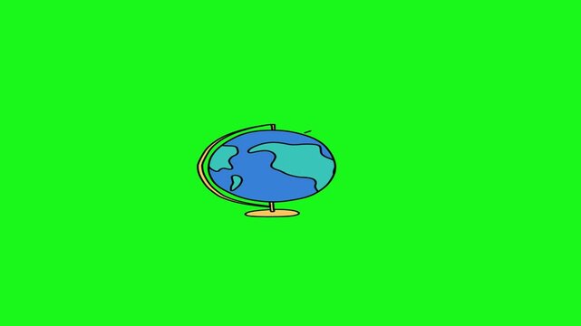 Animated cartoon globe rotating on stand with flying paper airplane on green screen