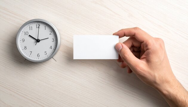 Hand holding a blank white business card next to an analog clock on wood