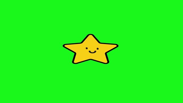 Cute cartoon yellow star with a happy smiling face floating on a green screen chroma backdrop