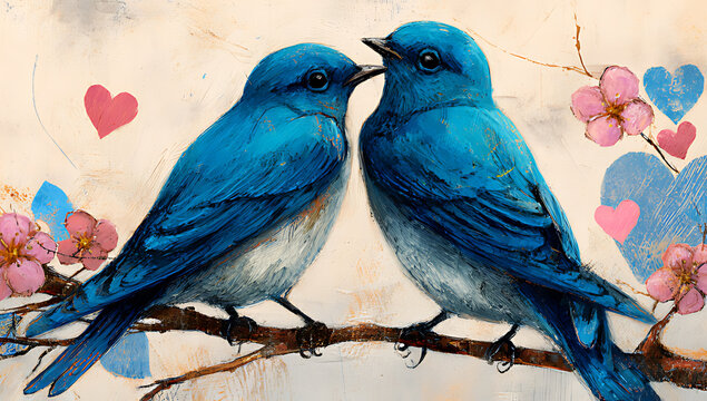 Two blue birds one holding the others beak in its