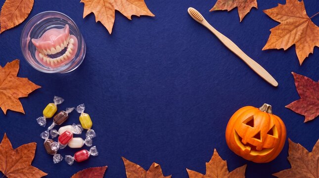 Flat lay composition with a denture in a glass of water, wooden toothbrush, carved jack-o-lantern pumpkin, and colorful candies surrounded by autumn maple leaves on a blue background.