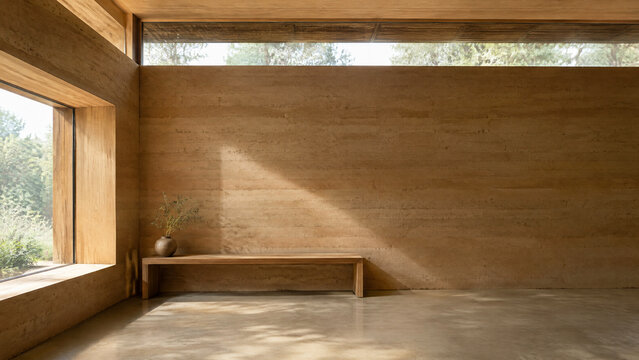 Rammed earth passive home interior with shaded clerestory