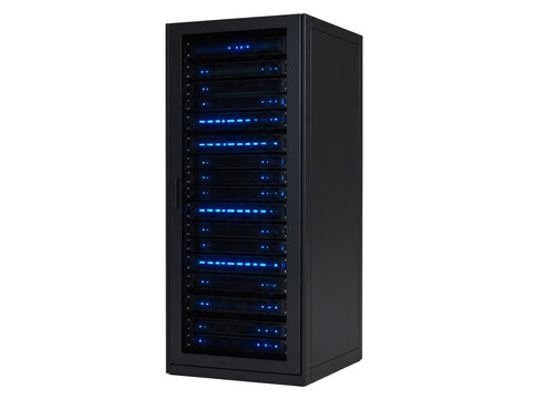 Black server rack with glowing blue lights isolated on transparent background