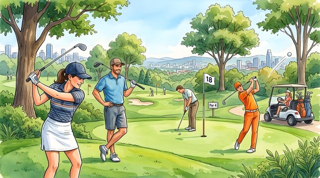 Golfers playing on a scenic course with city skyline in background