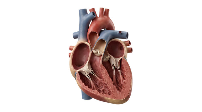 Anatomical heart model dissected and detailed displayed against a plain white background