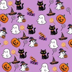Obraz premium Cute Halloween seamless pattern with ghosts, pumpkins, bats, and candy corn on black background