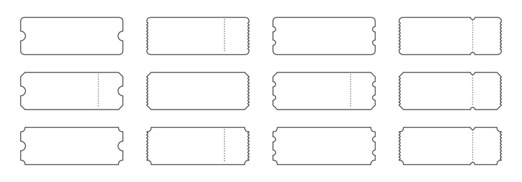 Blank ticket template set with dotted perforation and stub design. Empty coupon and voucher outline collection for event and admission use. Clean vector shapes for cinema, lottery and promotional them