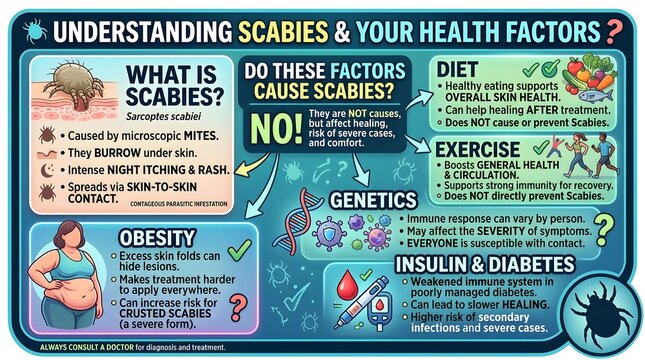 Understanding Scabies and Health Factors Educational Chart Explaining What Scabies Is, Diet, Exercise, Obesity, Genetics, Insulin, Diabetes Links, Itching, Mite Spread, Prevention, and Skin Care Aware