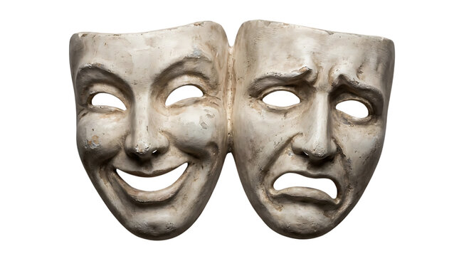 Two theatrical masks representing comedy and tragedy sit against a white background