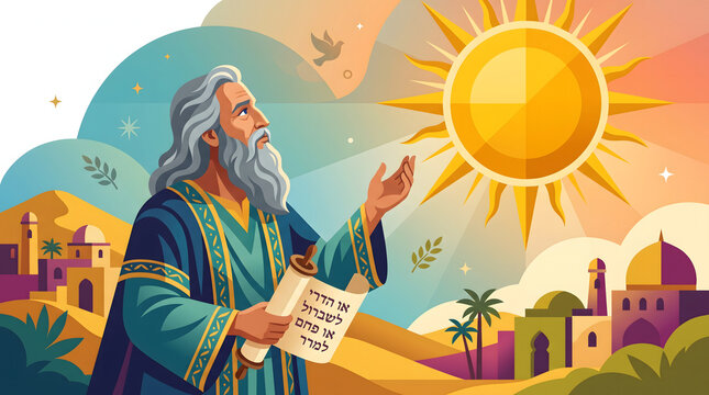Stylized vector art of prophet Isaiah looking towards a golden sun. 