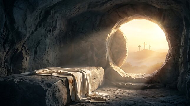 Empty tomb with burial shrouds lying on a stone slab inside a dark cave illuminated by bright morning sunlight shining through the entrance towards three distant wooden crosses on a hill