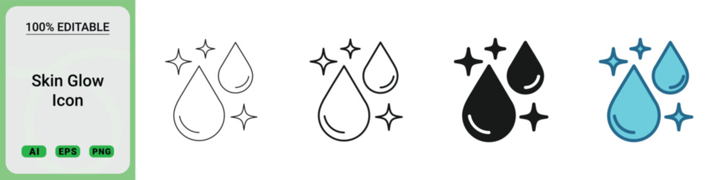 Skin glow icons featuring water droplets and sparkle symbols in various styles including line art, solid black, and colored vector designs for beauty and skincare branding