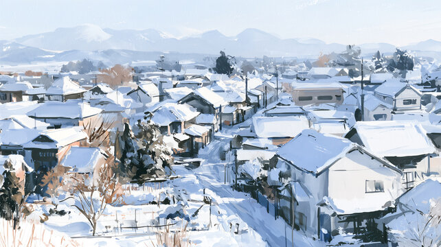 高台から見下ろす雪に覆われた田舎の住宅街と山並みの水彩イラスト
