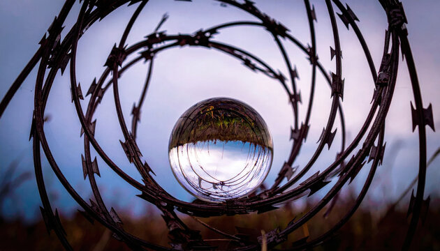 Glass sphere reflecting inverted landscape within barbed wire frame