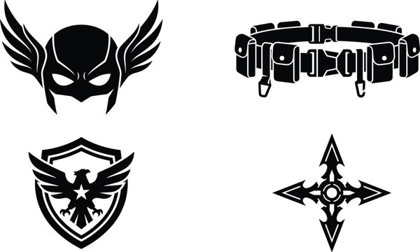 Set of black and white vector icons featuring a superhero mask, utility belt, eagle shield emblem, and ninja star.